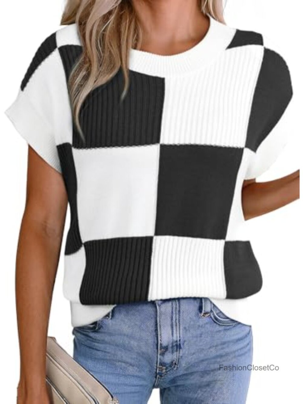 Short Sleeve Knit Sweater Women Color Block Checkered Pullover Top